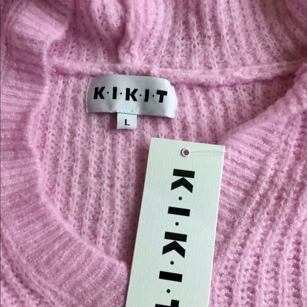 Kikit Hooded V-Neck Pullover Long Sleeve Cable Knit Fuzzy Pink Sweater - Picture 7 of 9
